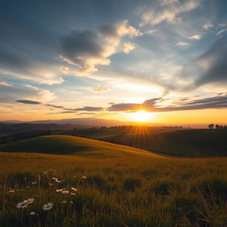 a serene landscape with rolling hills under a dramatic sky, featuring a stunning sunrise casting golden light across the fields