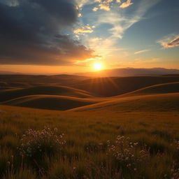 a serene landscape with rolling hills under a dramatic sky, featuring a stunning sunrise casting golden light across the fields