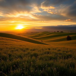 a serene landscape with rolling hills under a dramatic sky, featuring a stunning sunrise casting golden light across the fields