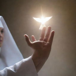 A nun's hand reaching out, infused with the ethereal glow of the Holy Spirit