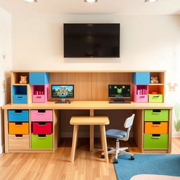 A versatile double desk designed for both a boy and a girl, featuring a spacious area where a teacher can assist them