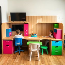 A versatile double desk designed for both a boy and a girl, featuring a spacious area where a teacher can assist them