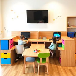 A versatile double desk designed for both a boy and a girl, featuring a spacious area where a teacher can assist them