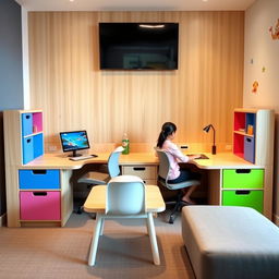 A versatile double desk designed for both a boy and a girl, featuring a spacious area where a teacher can assist them