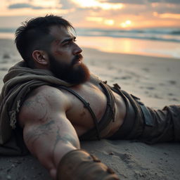 An evil fantasy male slave with short black hair and a short pointy beard lies wounded on a desolate beach