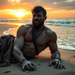 An evil fantasy male slave with short black hair and a short pointy beard lies wounded on a desolate beach