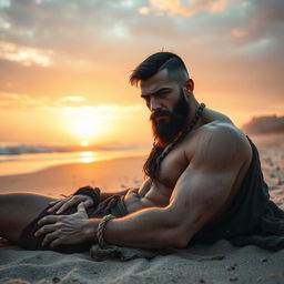 An evil fantasy male slave with short black hair and a short pointy beard lies wounded on a desolate beach