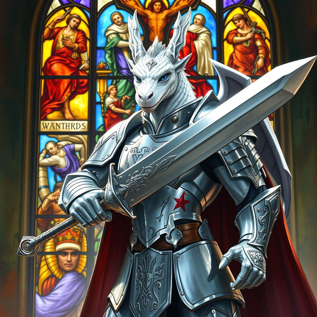 A white humanoid dragon paladin knight with a heroic and muscular build, featuring striking blue eyes