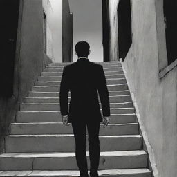 A character wearing a suit, walking up the stairs on a dark street in Iran, all depicted in a monochromatic comic book style.