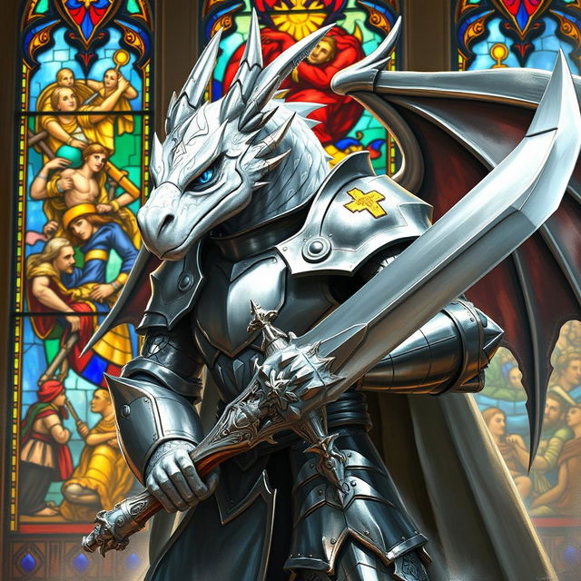 A white humanoid dragon paladin knight with a heroic and muscular build, featuring striking blue eyes