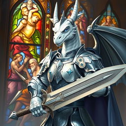 A white humanoid dragon paladin knight with a heroic and muscular build, featuring striking blue eyes