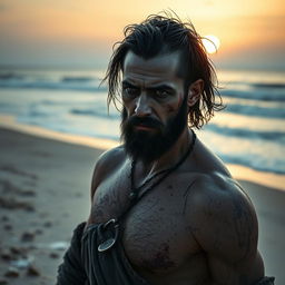 An evil dark fantasy male slave with short black hair and a short pointy beard is wounded on a secluded beach