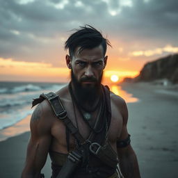 An evil dark fantasy male slave with short black hair and a short pointy beard is wounded on a secluded beach