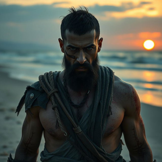 An evil dark fantasy male slave with short black hair and a short pointy beard is wounded on a secluded beach