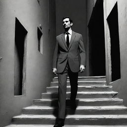 A character wearing a suit, walking up the stairs on a dark street in Iran, all depicted in a monochromatic comic book style.