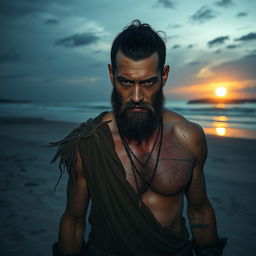 An evil dark fantasy male slave with short black hair and a short pointy beard is wounded on a secluded beach