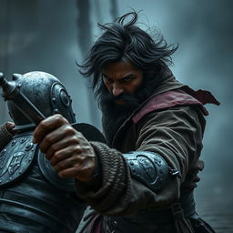 An evil dark fantasy male pirate with short black hair and a short pointy beard is fiercely attacking a medieval guard