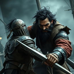 An evil dark fantasy male pirate with short black hair and a short pointy beard is fiercely attacking a medieval guard