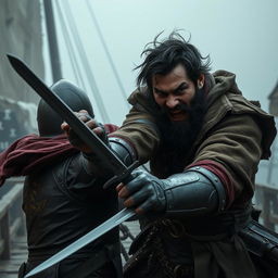 An evil dark fantasy male pirate with short black hair and a short pointy beard is fiercely attacking a medieval guard