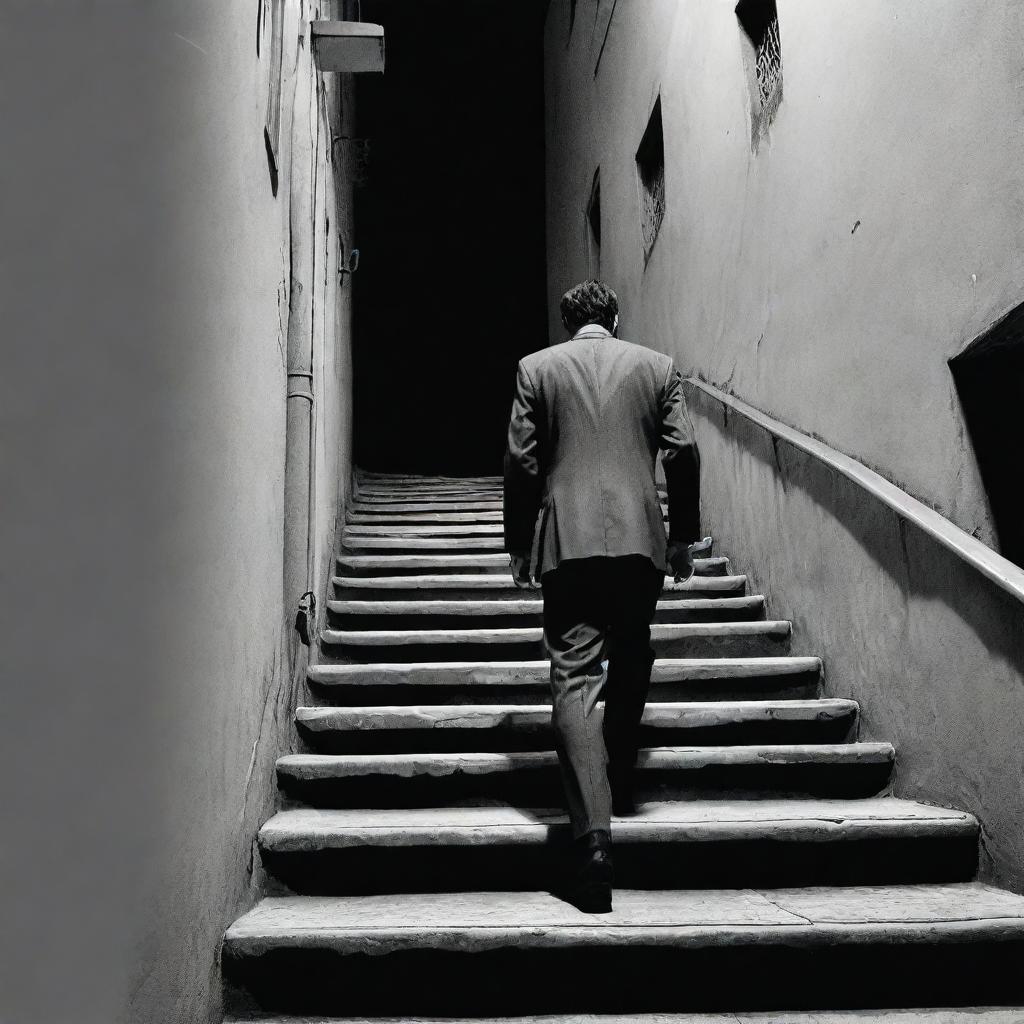 A character wearing a suit, walking up the stairs on a dark street in Iran, all depicted in a monochromatic comic book style.