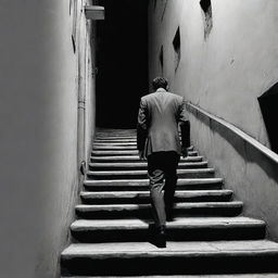 A character wearing a suit, walking up the stairs on a dark street in Iran, all depicted in a monochromatic comic book style.