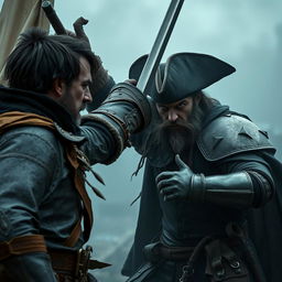 An evil dark fantasy male pirate with short black hair and a short pointy beard is attacking a medieval guard in a dramatic scene