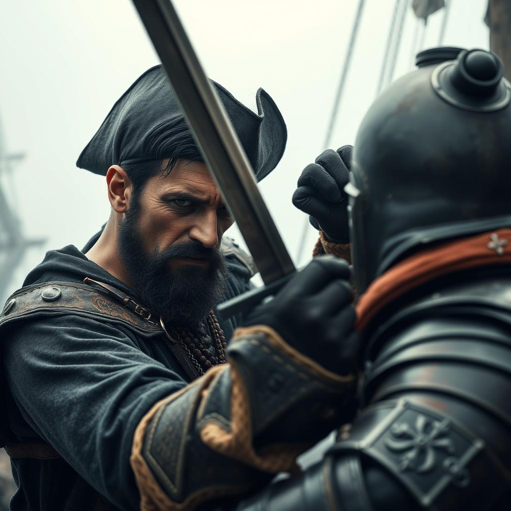 An evil dark fantasy male pirate with short black hair and a short pointy beard is attacking a medieval guard in a dramatic scene