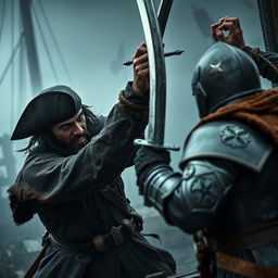 An evil dark fantasy male pirate with short black hair and a short pointy beard is attacking a medieval guard in a dramatic scene