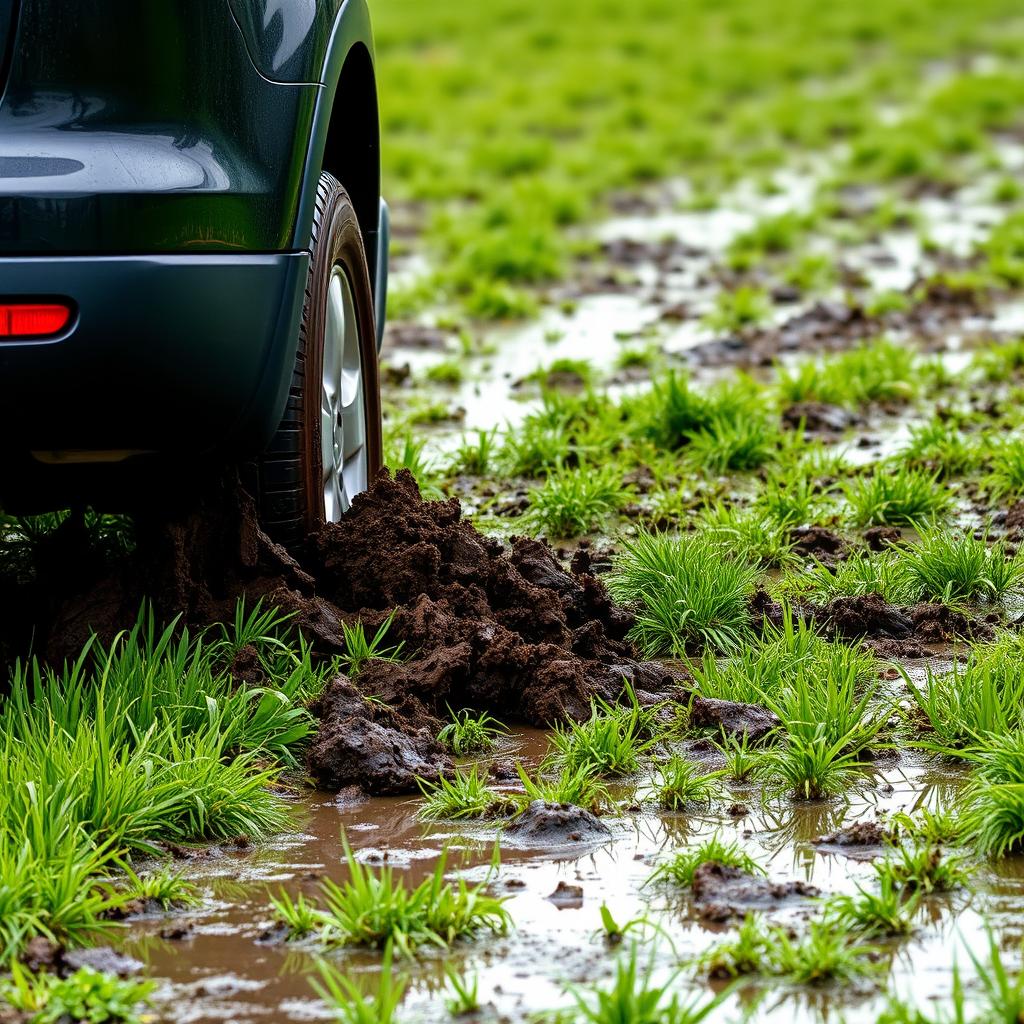 A hyper-realistic scene of a black 2009 Mazda CX-9 driving across a wet, muddy grass field