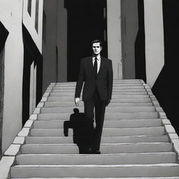 A character wearing a suit, walking up the stairs on a dark street in Iran, all depicted in a monochromatic comic book style.