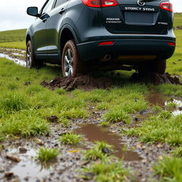 A hyper-realistic scene of a black 2009 Mazda CX-9 driving across a wet, muddy grass field