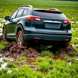 A hyper-realistic scene of a black 2009 Mazda CX-9 driving across a wet, muddy grass field