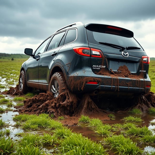 A hyper-realistic scene of a black 2009 Mazda CX-9 driving across a wet, muddy grass field