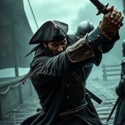 An evil dark fantasy male pirate with short black hair, a short pointy beard, and piercing yellow eyes is in the midst of attacking a medieval guard