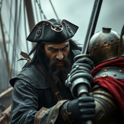 An evil dark fantasy male pirate with short black hair, a short pointy beard, and piercing yellow eyes is in the midst of attacking a medieval guard