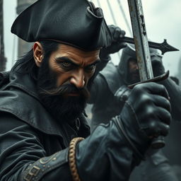 An evil dark fantasy male pirate with short black hair, a short pointy beard, and piercing yellow eyes is in the midst of attacking a medieval guard