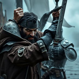 An evil dark fantasy male pirate with short black hair, a short pointy beard, and piercing yellow eyes is in the midst of attacking a medieval guard