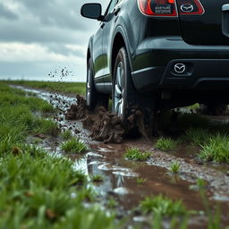 A hyper-realistic scene depicting a black 2009 Mazda CX-9 driving across a wet, muddy grass field