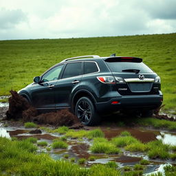 A hyper-realistic scene depicting a black 2009 Mazda CX-9 driving across a wet, muddy grass field