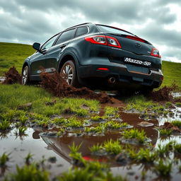 A hyper-realistic scene depicting a black 2009 Mazda CX-9 driving across a wet, muddy grass field