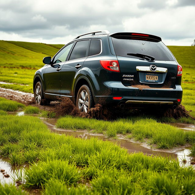 A hyper-realistic scene depicting a black 2009 Mazda CX-9 driving across a wet, muddy grass field