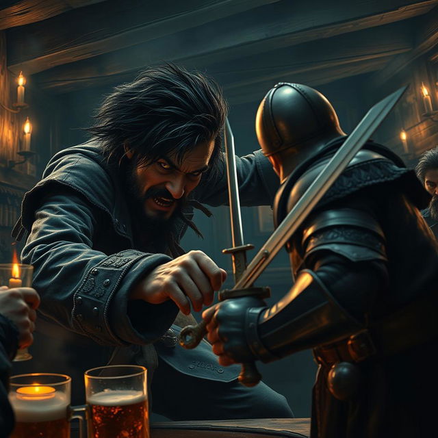 Inside a dimly lit tavern, an evil dark fantasy male pirate with short black hair, a short pointy beard, and striking yellow eyes is in the middle of an intense attack on a medieval guard