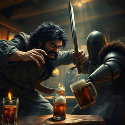 Inside a dimly lit tavern, an evil dark fantasy male pirate with short black hair, a short pointy beard, and striking yellow eyes is in the middle of an intense attack on a medieval guard