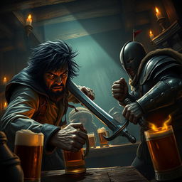 Inside a dimly lit tavern, an evil dark fantasy male pirate with short black hair, a short pointy beard, and striking yellow eyes is in the middle of an intense attack on a medieval guard