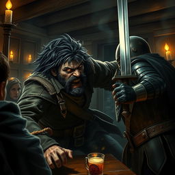 Inside a dimly lit tavern, an evil dark fantasy male pirate with short black hair, a short pointy beard, and striking yellow eyes is in the middle of an intense attack on a medieval guard