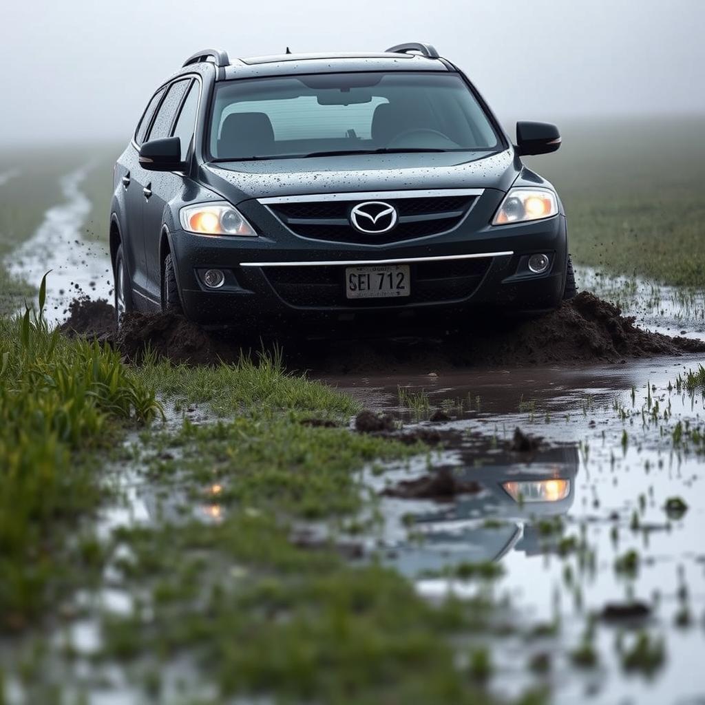 A hyper-realistic scene of a black 2009 Mazda CX-9 driving across a wet, muddy grass field on a foggy morning