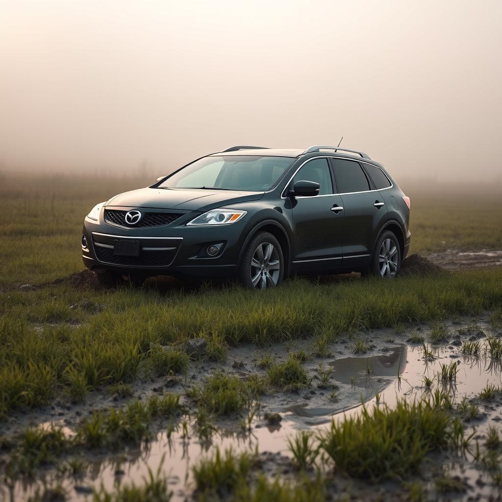 A hyper-realistic scene of a black 2009 Mazda CX-9 driving across a wet, muddy grass field on a foggy morning