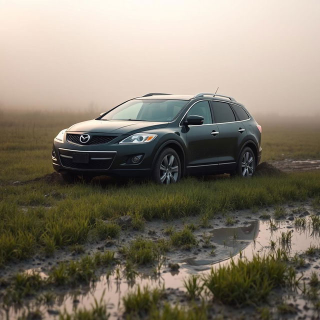 A hyper-realistic scene of a black 2009 Mazda CX-9 driving across a wet, muddy grass field on a foggy morning