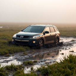 A hyper-realistic scene of a black 2009 Mazda CX-9 driving across a wet, muddy grass field on a foggy morning