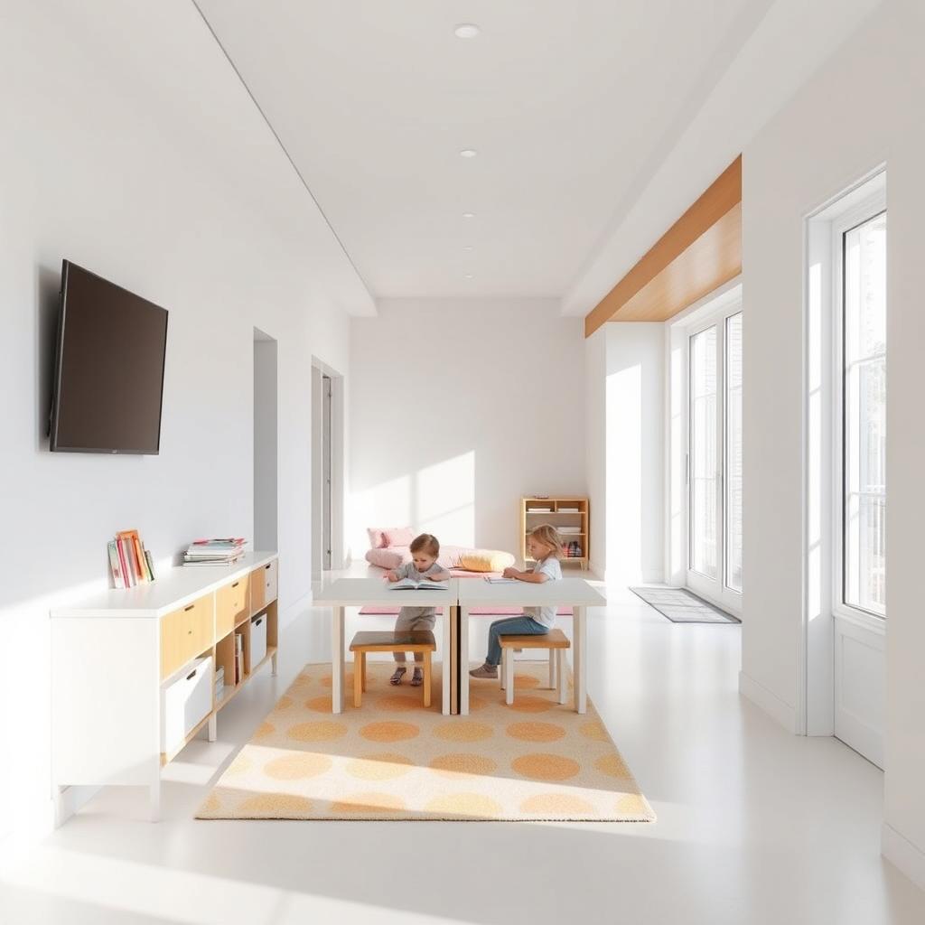 An open-concept hallway designed as a multifunctional space for two children, featuring white walls that create a bright and airy atmosphere